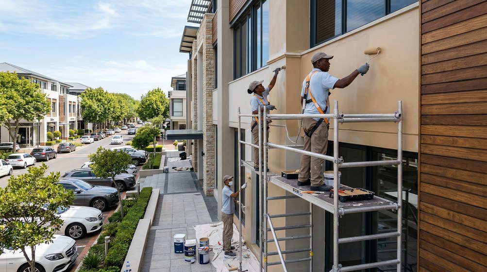 Professional commercial painters on scaffolding painting a building on the Southern Peninsula