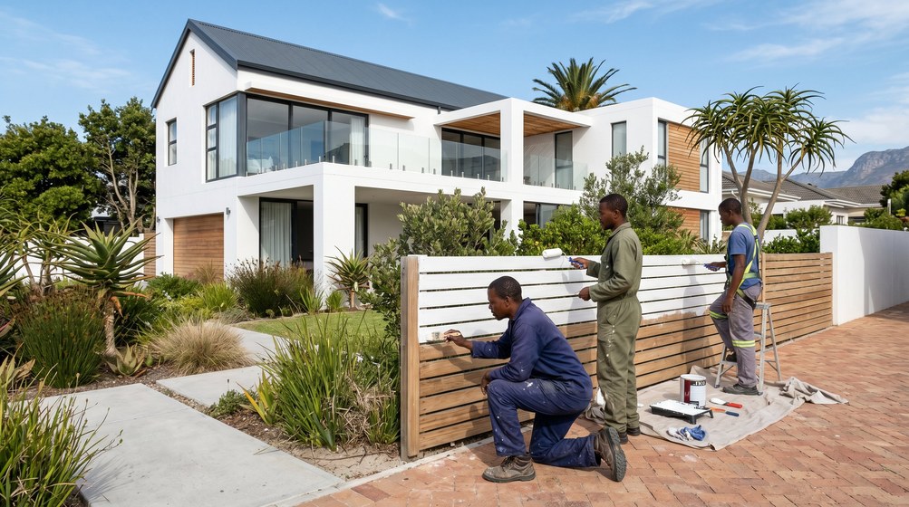 Professional fence painters painting a wooden fence at a coastal home in Simon's Town