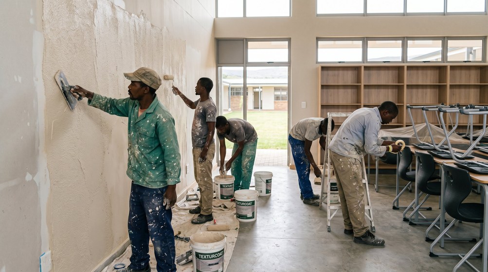 Professional texture coating team applying Texturcoat to interior walls in Simon's Town