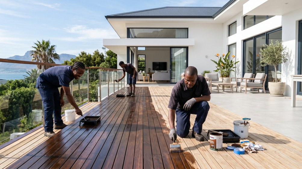 Professional wood staining team applying deck stain overlooking the ocean in Simon's Town